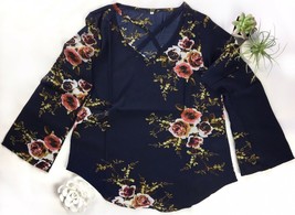 New Boutique Criss Cross Floral Top Navy Blue Flare Sleeve Cage Blouse B... - £14.34 GBP