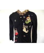 Ugly Xmas Sweater Black Cheetah Collar Stockings Christmas Crystals Snow... - $39.24 CAD