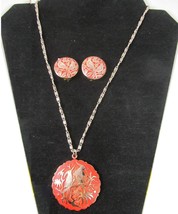 Vintage West Germany Necklace Earring Exotic Birds Coral Red Medallion Pendant - £10.27 GBP