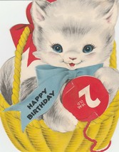 Vintage Birthday Card White Cat in Yellow Basket Ball of Yarn For 2 Year... - $8.90
