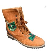 I Love Ecology Sherpa Lined Tan Brown Green Patches Combat Lace Up Boots... - $104.86 CAD