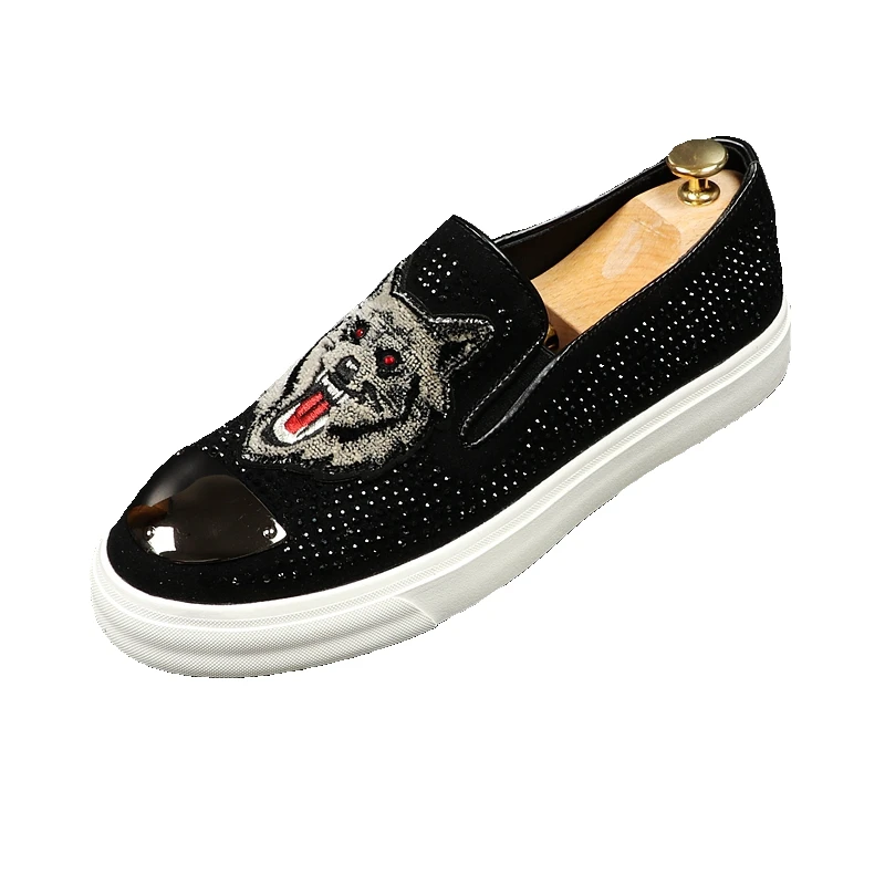CuddlyIIPanda Men Fashion Embroidery Wolf Rivets Loafers Men Casual Prin... - $76.01