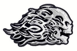 Grey Skull With Tribal Flames Iron On Embroidered Patch 4 1/2&quot;X2 3/4&quot; - £5.45 GBP