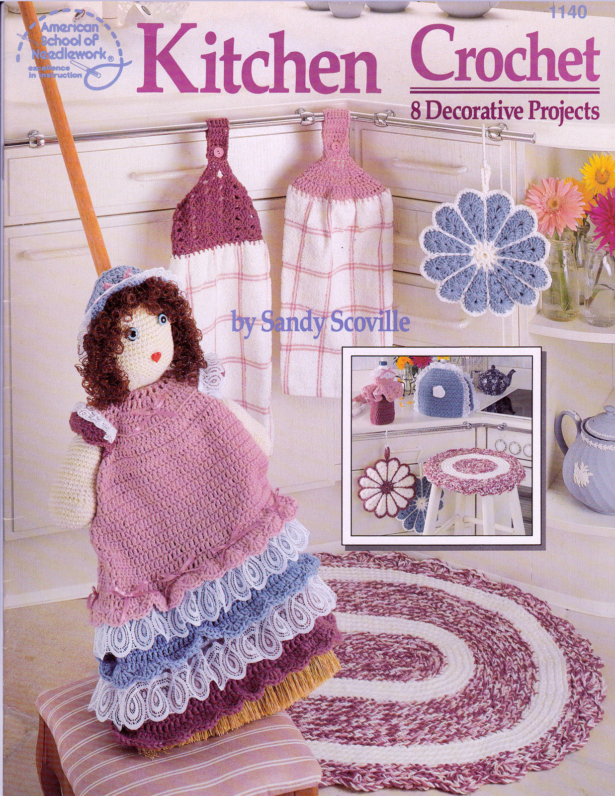 CROCHET KITCHEN 8 DECOR PROJECTS TEA COZY POTHOLDER BROOM COVER DOLL TOPPERS NEW - £6.28 GBP