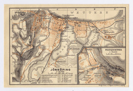 1912 Original Antique City Map Of Jönköping Jonkoping Husqvarna / Sweden - £16.76 GBP