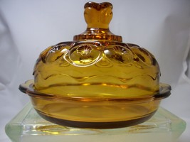 Vintage L. E. Smith Moon &amp; Stars Covered Cheese / Butter Dish Amber  - £19.51 GBP