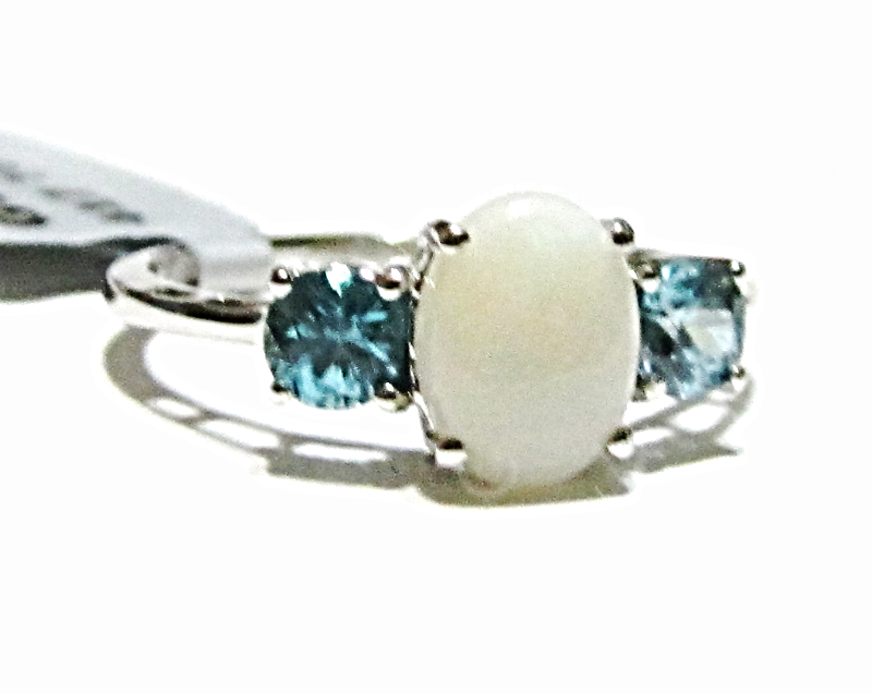 10K White Gold White Opal Oval Solitaire & Blue Zircon Ring, Size 7, 1.49(TCW) - $175.00