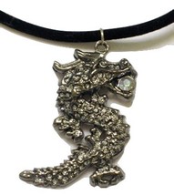 Rhinestone Dragon Holding Jewel Pendant with Black Velvet Necklace - £14.78 GBP