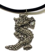 Rhinestone Dragon Holding Jewel Pendant with Black Velvet Necklace - £14.47 GBP