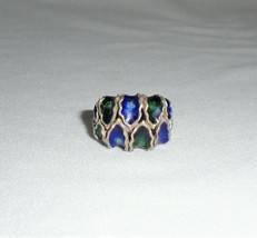 Sterling Silver Blue Green Enamel Ring Unique Size 5.5 - $24.75