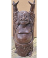 Vtg Dark Wooden Arms &amp; Hands Up Happy Smiling Buddha Carved Sculpture Fi... - $351.83 MXN
