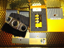 COHIBA  Stainless Steel Dual Blades Cigar Cutter &amp; Lighter in boxes - $81.23