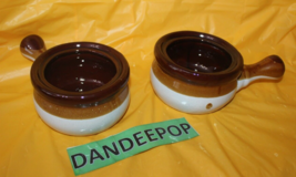 Vintage 2 Piece Brown Drip Onion Soup Serving Bowls With Handles - £27.23 GBP