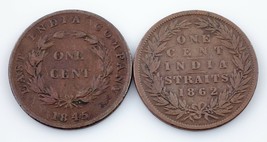 1845-1862 Straits Settlements Cent lot of 2 Coins, KM# 3 &amp; km# 6 - $77.46