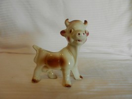 Vintage Ceramic Brown And White Smiling Cow Figurine 5&quot; Tall - $40.00