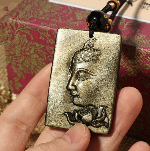 Natural Gold Obsidian stone buddha with Lotus charm zen pendant Unique gift - £31.65 GBP