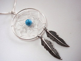 Turquoise Dream Catcher Pendant 925 Sterling Silver with Double Sacred Feather - £12.98 GBP