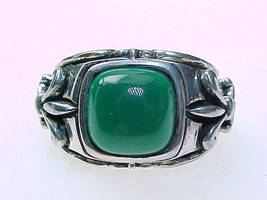 Vintage Genuine Green Onyx Sterling Silver Fleur De Lis Ring   Size 5 - £48.22 GBP