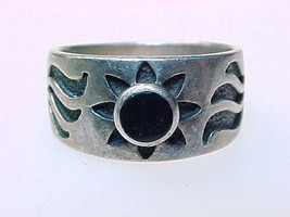 Vintage BLACK ONYX Ring in STERLING Silver - Size 5 3/4 - Sun and Moon design - £30.37 GBP