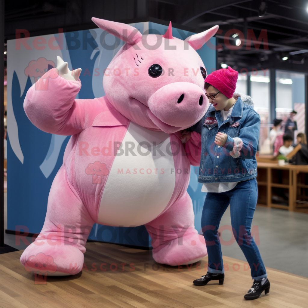 Pink Rhinoceros mascot costume character dressed with a Boyfriend Jeans ... - $1,199.00
