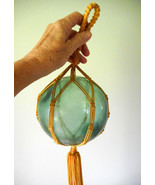 Glass Fishing Floats Green 19&quot;  2.5&quot; seal hippie Tiki Bar  Macrame Vintage - $44.50