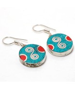 Tibetan Turquoise Coral Bohemian Handmade Jewelry Earrings Nepali 1.40&quot; ... - £6.20 GBP