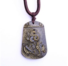 natural Gold Obsidian stone Hand carved snake ox with Chicken charm pendant - $29.69