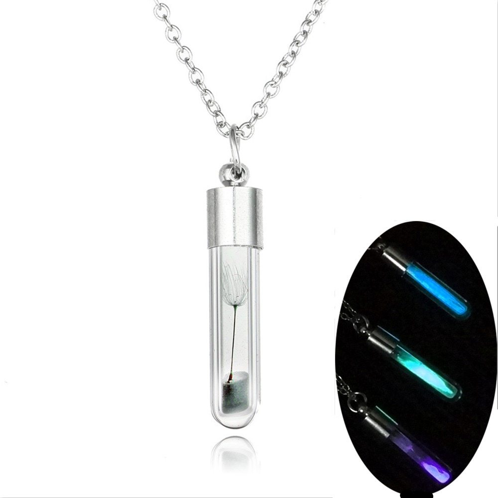 Glow In The Dark  Necklace Glass Pendant Necklace Silver Plated  Halloween Lumin - $9.43