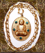 Vintage Jeweled Buddha Necklace Large Chinese Oriental Rhinestone Asian Pendant - £97.78 GBP