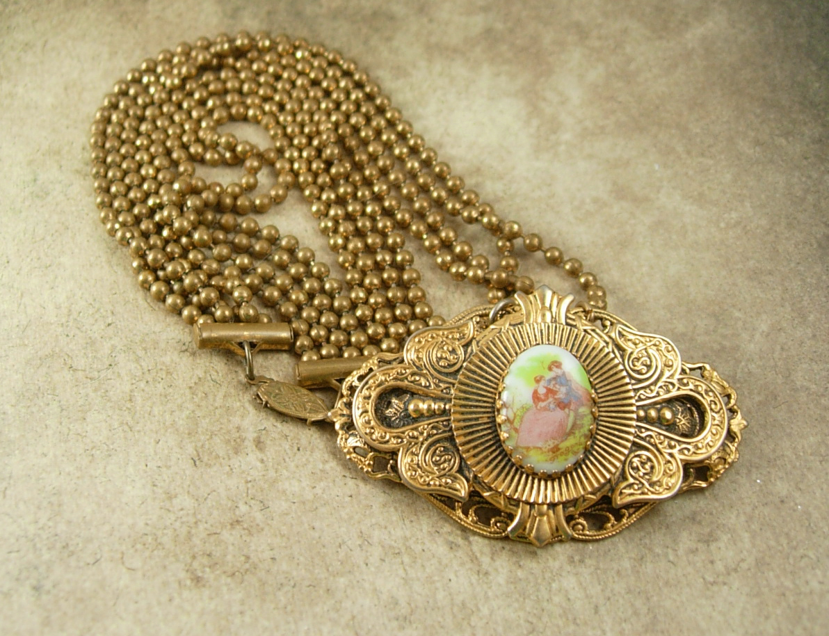 Primary image for Antique heavy Brass PORTRAIT Necklace 4 strand painted cameo choker victorian 