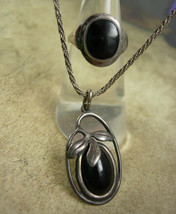 Vintage ART Nouveau Ring Necklace fancy sterling silver pendant Black onyx  - £177.05 GBP