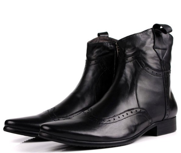 Handmade Men's pointed toe boots, black zipper boots for men, wingtip leather bo