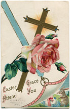 Antique Embossed Cross and Rose Easter Postcard 1910 Scandia, Kansas - £1.44 GBP