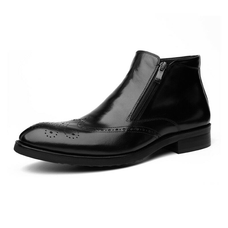 Men's Black Double Zipper Full Brogue Toe Wing Tip Leather Ankle Boots US 7-16