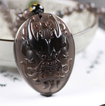 natural ice Obsidian stone Hand carved  dragon head good luck charm pendant - $49.49