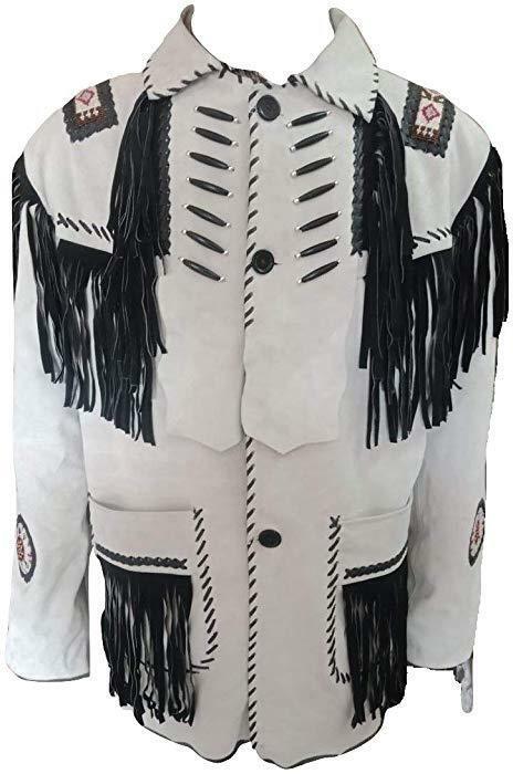 White Western Style Bone Bead Patches Finished Cow Leather Black Fringed Jacket