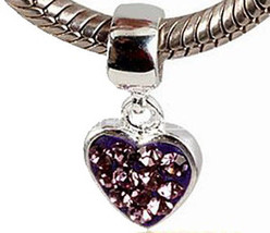 Europ EAN Sterling Silver Lavender Crystal Dangle Heart Bead Charm For Bracelet - £10.44 GBP