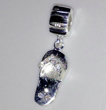European 925 Silver Flipflop Sandal Cz Stones Dangle Bead Charm For Bracelet - £10.44 GBP