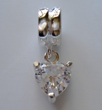 European Sterling Silver April Birthstone Crystal Dangle Heart Bead F Bracelet - £12.04 GBP
