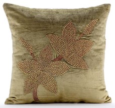 Green Sage Green Zardozi Flower 16&quot;x16&quot; Velvet Pillowcase, Enlightenment - £25.25 GBP+