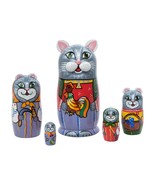 Handmade Painted Cat Peasant Family Nesting Doll 5pc 5&quot; 100% Natural Lin... - €79,62 EUR
