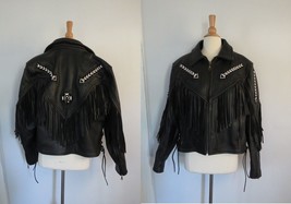 Megaforce protective leather women western beaded fringed biker jacket 16 - £97.11 GBP