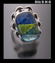 BLUE and GREEN Dichroic Glass Vintage Ring set in Sterling Silver - Size... - £52.77 GBP
