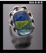 BLUE and GREEN Dichroic Glass Vintage Ring set in Sterling Silver - Size... - £52.27 GBP