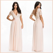 Elegant Full Length Pink Chiffon Lace Bodice V Neck Backless Evening Gown