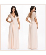 Elegant Full Length Pink Chiffon Lace Bodice V Neck Backless Evening Gown - £51.10 GBP