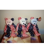 Ty Beanie Babies Spangle-3 Bears Pink White &amp; Blue Faces Patriotic - £22.18 GBP