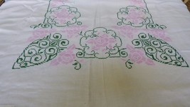 VTG Linen Embroidery Decor Accent Dining Table Cloth 72x57  pink roses g... - £38.77 GBP