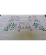 VTG Linen Embroidery Decor Accent Dining Table Cloth 72x57  pink roses g... - £38.72 GBP