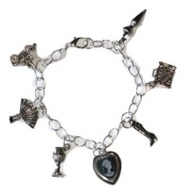 Silver Victorian Theme Charm Bracelet with Cameo and Travel Charms - £17.58 GBP